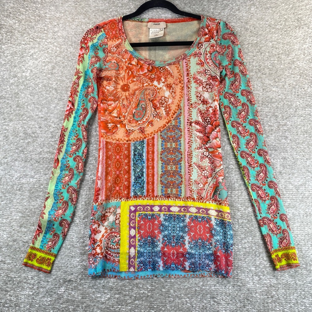 Fuzzi Top Paisley Patchwork Mesh Nylon M Multicolor Italian Designer Tee